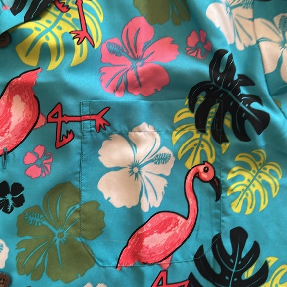 Alvish Hawaiian Flamingo Short Sleeve Shirt Button Down Turquoise Men’s Size XL - Picture 5 of 11